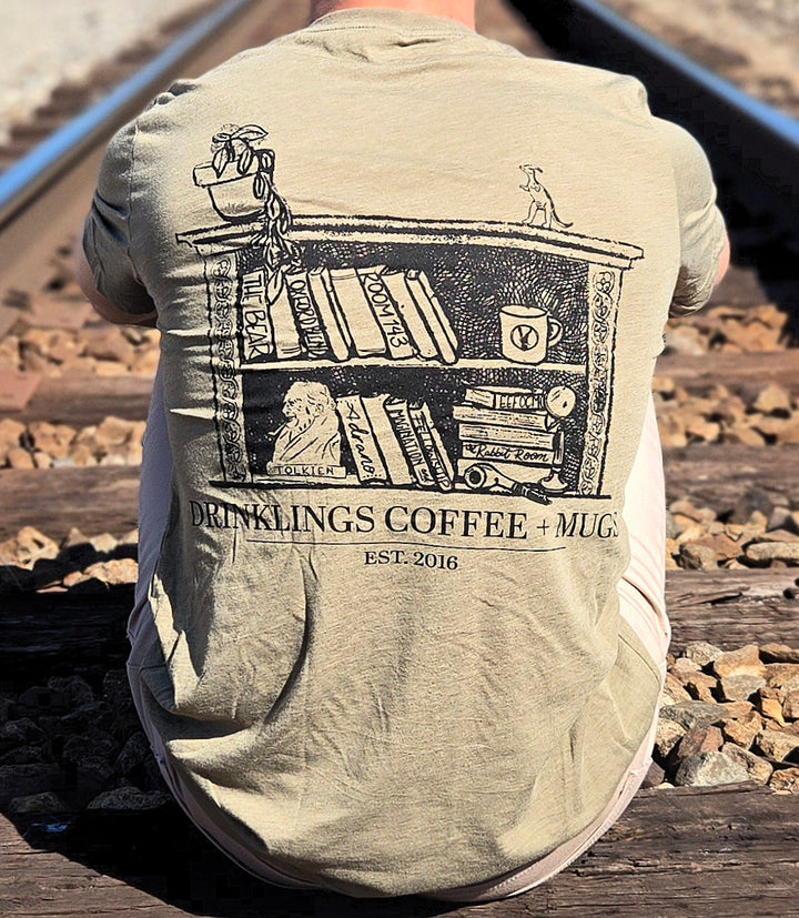 A Drinklings Coffee Book Shelf T-Shirt -Green