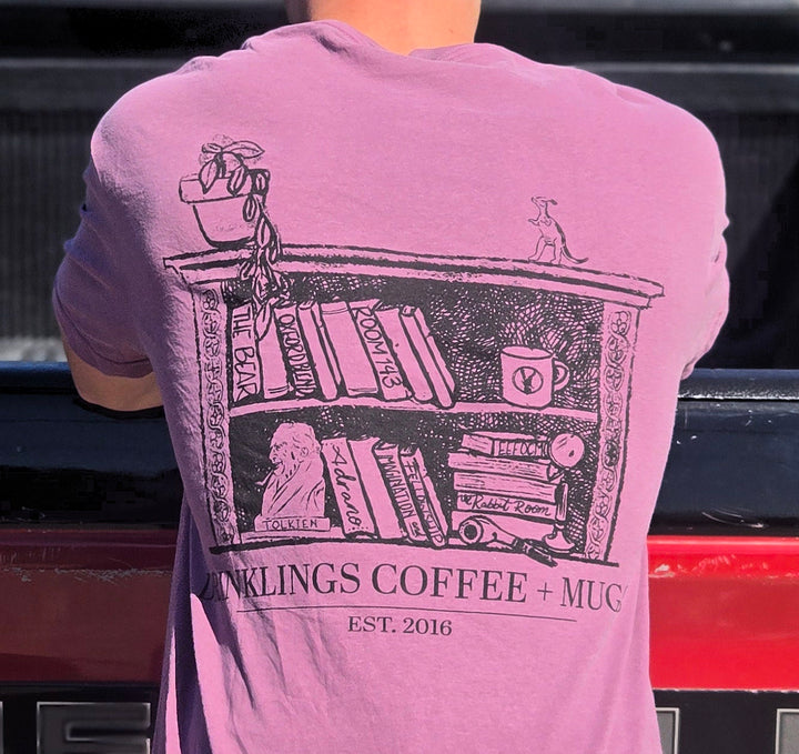 A Drinklings Coffee Book Shelf T-Shirt -Berry