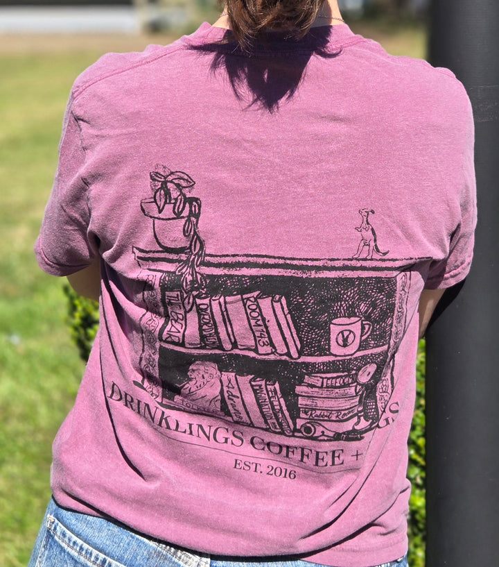 A Drinklings Coffee Book Shelf T-Shirt -Berry