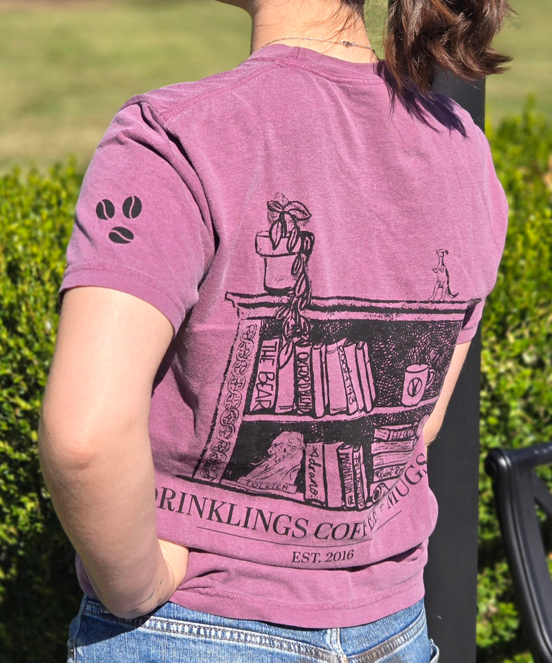 A Drinklings Coffee Book Shelf T-Shirt -Berry